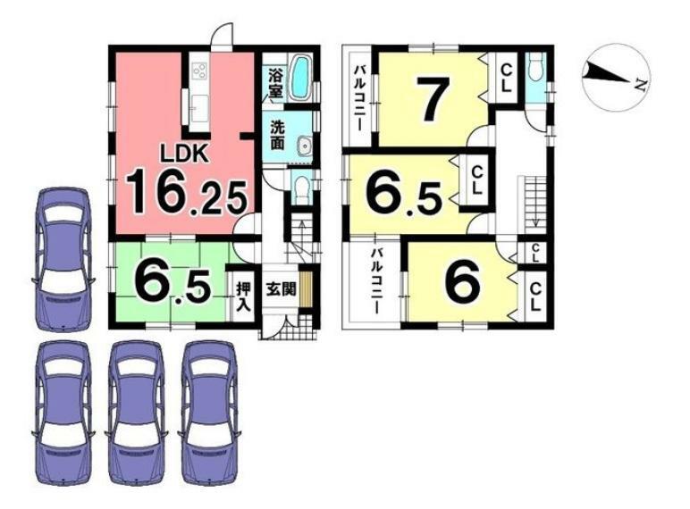 間取り図 全室6帖以上の広さがございます。収納スペースも豊富に確保。2室にバルコニーをもうけました。駐車は4台可能。大きなお車でも安心ですね