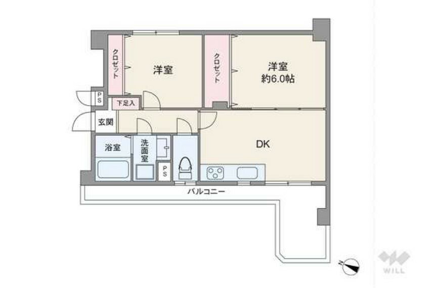 間取り図 間取りは専有面積45.58平米の2DK。センターインのプラン。DKと6帖の洋室が続き間で、扉を開放すればLDKのように広く使うこともできます。バルコニーにすぐ出られる配置の開放感あるオープンキッチン。