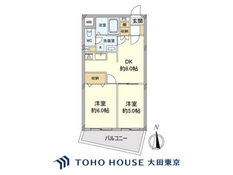 間取り図 2DK、専有面積43.5m2、バルコニー面積7.7m2