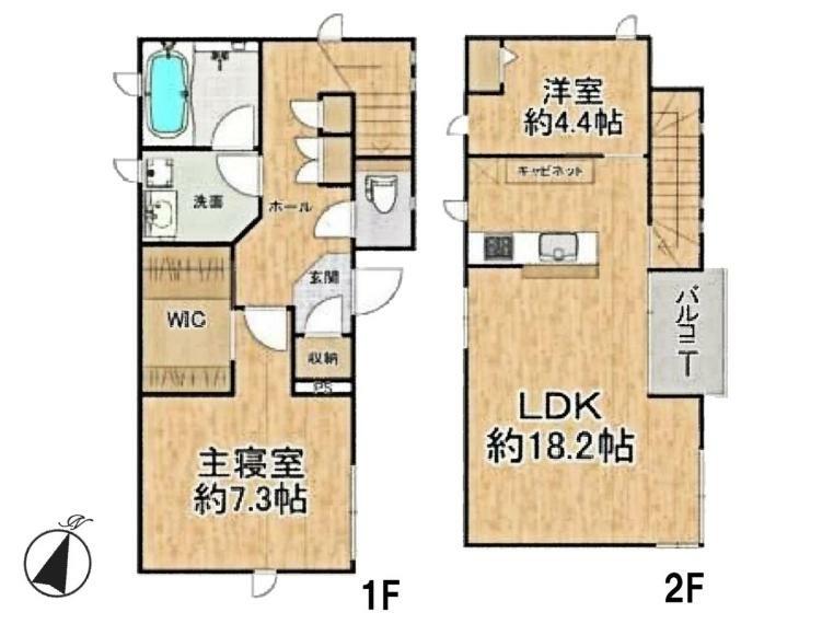 間取り図 LDK18.2帖・対面キッチン/主寝室7.3帖＋ウォークインCL