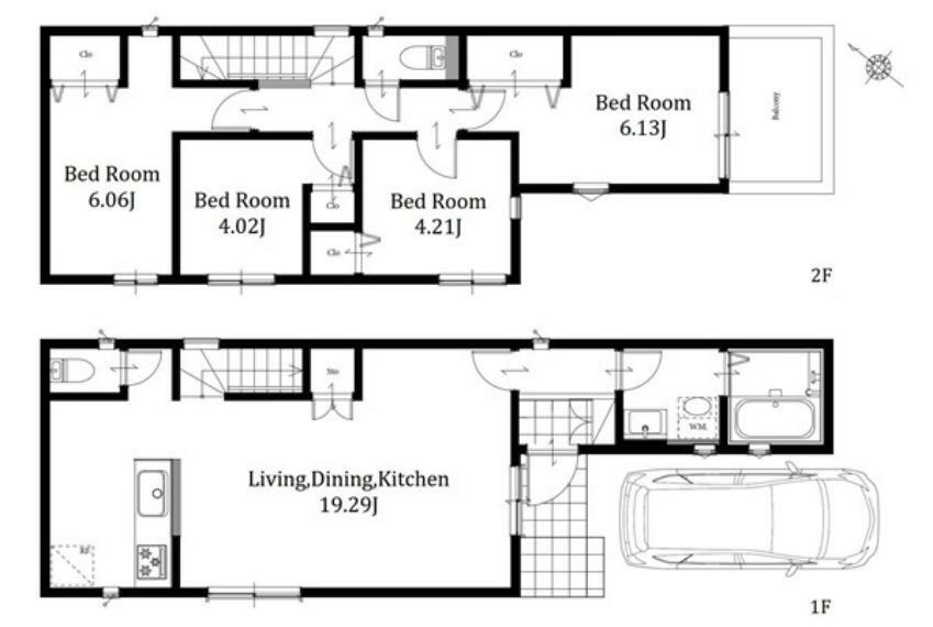 間取り図 7号棟: 19.2畳の広々LDKは2面採光で風通しも良好です全居室収納付きでお部屋をすっきりご使用いただけます