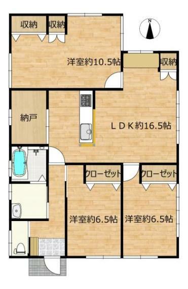 間取り図 【間取図】3SLDKの平家住宅。各居室収納スペースを確保。お部屋の広さを存分にご活用していただけます。