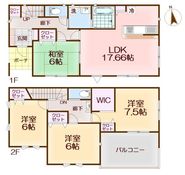間取り図 LDK17.66帖・和室・2階全居室6帖以上・浴室暖房乾燥機・南向きバルコニー！