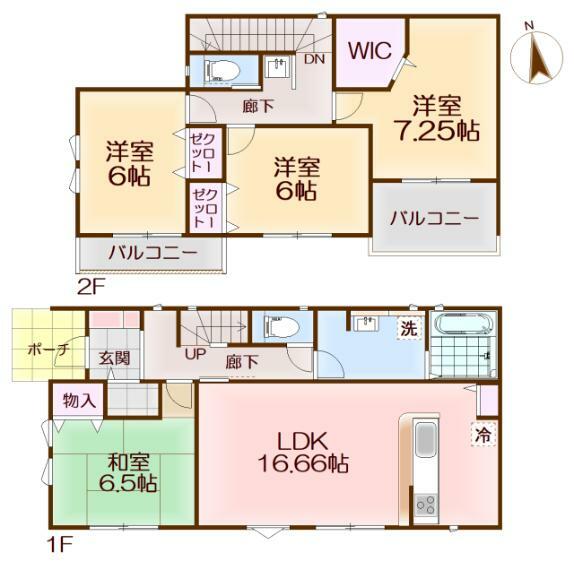 間取り図 LDK16.66帖・和室・2階全居室6帖以上・浴室暖房乾燥機・南向きバルコニー！