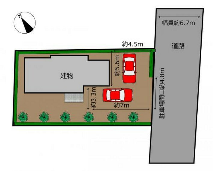 区画図 【区画図】敷地の寸法や配置を図示したものです。駐車2台、車種によっては3台程度駐車可能な広さとなっております。間口も約4.8mに拡張したため、駐車しやすくなりました。