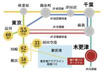 交通/「東京湾アクアライン」利用で、木更津駅～東京駅55分※掲載の所要時間はアクアライン高速バスを利用時の最短時間です。（Yahoo！map情報）※（）内は電車通勤時の各路線での最短所要時間で、乗り換え時間及び待ち時間を含みます。（Yahoo！路線情報）※2024年3月時点