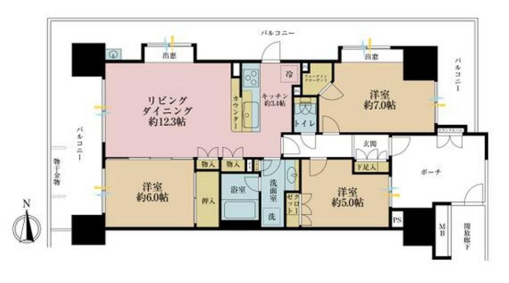 間取り図 3LDK、専有面積73.64平米、バルコニー面積40.39平米