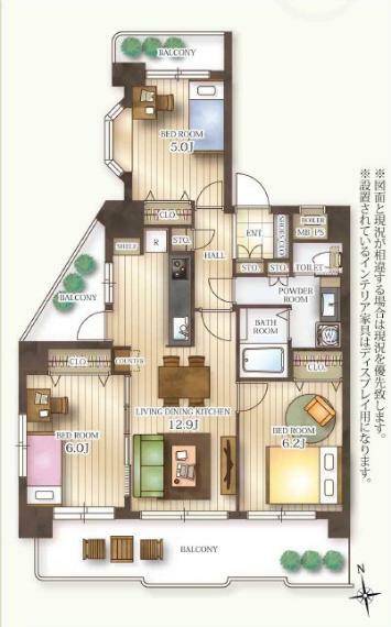 間取り図 南向き角部屋、3面バルコニーで陽当たり良好！