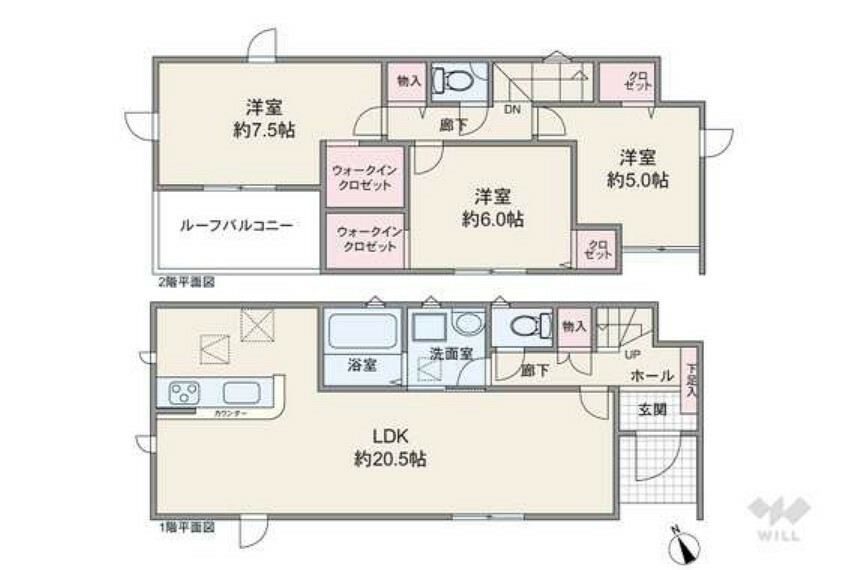 間取り図 延床面積95.22平米の3LDK。全居室が洋室仕様のプラン。洗面室はLDと廊下の2か所から出入りができます。2階の2部屋にウォークインクロゼット付き。階段下や2階廊下にも収納が設けられています。