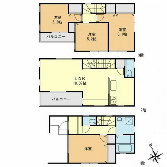 間取り図 2階をリビングにした4LDK間取り。家族の空間を大切にできる開放空間です。