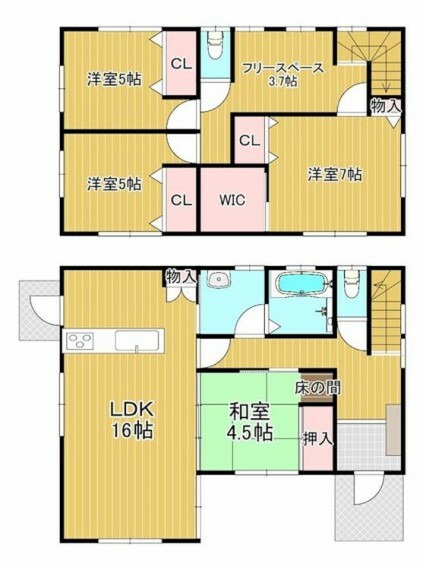 間取り図 1階には中庭の見えるLDKと和室があり、2階には家族で共有できる広いフリースペースのある多彩な間取り