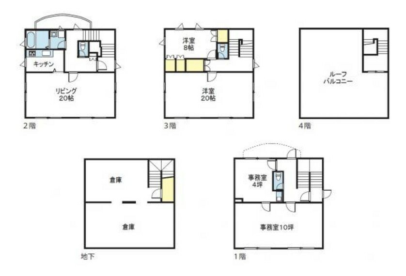 間取り図 【居宅間取】1階に事務室、2・3階が居宅、地下倉庫付き