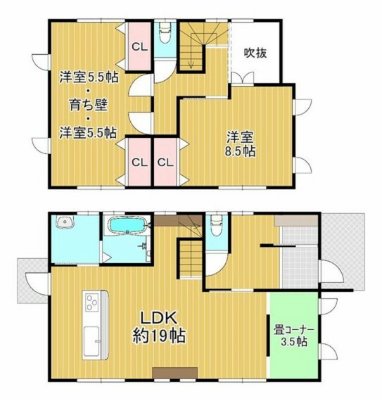 間取り図 2階には2部屋にも分けられる2階の洋室があり家族の成長に合わせて変更できる間取りです