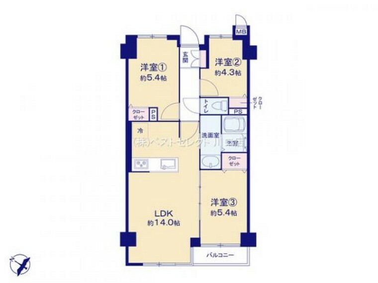 間取り図 リビングと洋室2部屋に冷暖房機設置済みで、入居後の初期費用を抑えられます！