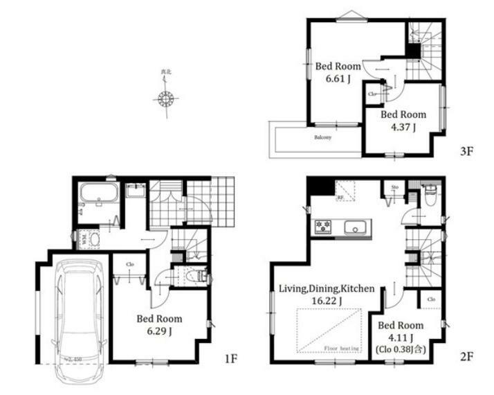 間取り図 1号棟: 家族の集まるLDKは対面式キッチンを採用全居室に収納が付いておりお部屋をすっきりご利用可能ですお車1台分駐車可能なビルトインガレージ付の新邸です