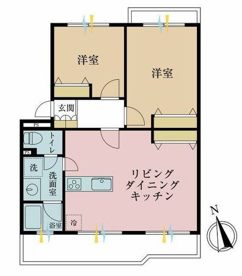 間取り図 2LDK、専有面積58.59平米、バルコニー面積10.79平米