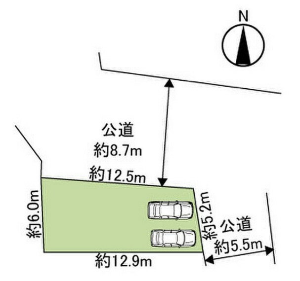 区画図 北・東角地。前面道路幅員約8mあり、開放感がございます。採光・通風良好なお住まいです。