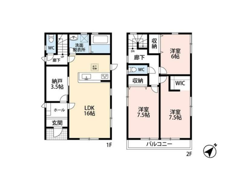 間取り図 1階ストレージルームは収納スペースとしてはもちろん、居室としても活用出来ます。2階居室は6帖以上でゆったり。南東向きバルコニーは2部屋より行き来出来て便利＾＾
