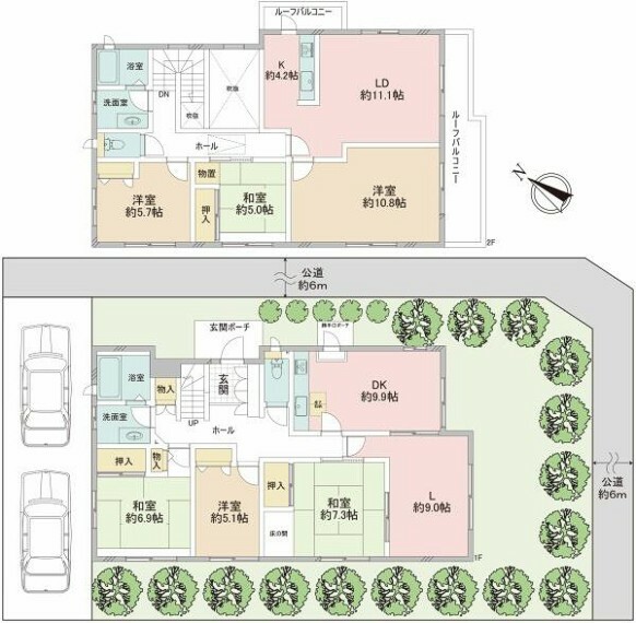 間取り図 1階3LDK×2階3LDKの大型戸建。2世帯住宅としてもご検討いただけます。1階・2階ともにLDKは15帖以上のゆとりを確保しており、広いお部屋でゆったりと家族団らんの時間を過ごせます。