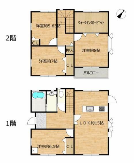 間取り図 【間取図】1階にLDKと水回り、2階に居室3部屋の3SLDKです。全居室に収納があり、ウォークインクローゼットまであって使いやすいお家です。