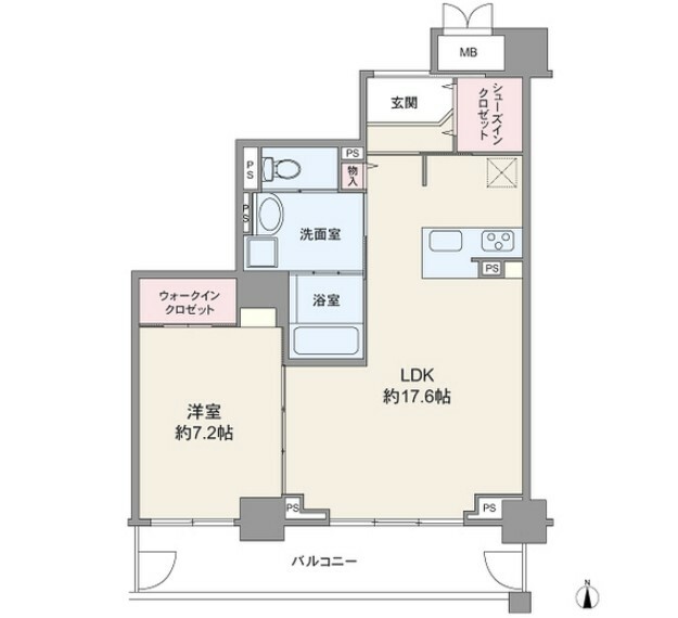 間取り図 専有面積59.54平米の1LDK。LDKは約17.6帖、洋室約7.2帖のゆとりのある造り。浴室は1418サイズ。シューズインクローゼット・ウォークインクローゼットなど、収納スペースが充実しています。