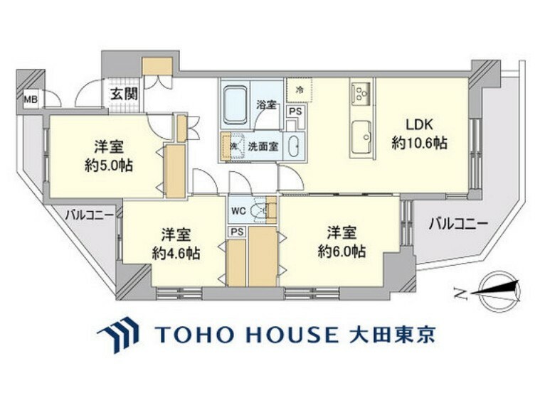 間取り図 3LDK、専有面積61.72m2、バルコニー面積11.86m2