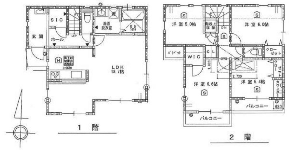 間取り図 家具の配置もしやすい18.7帖の広々LDK。キッチンは会話の弾む対面キッチン採用。WIC、SIC完備の収納豊富な間取りです。日当たり良好な南向きバルコニー付で洗濯物も気持ちよく乾きます。