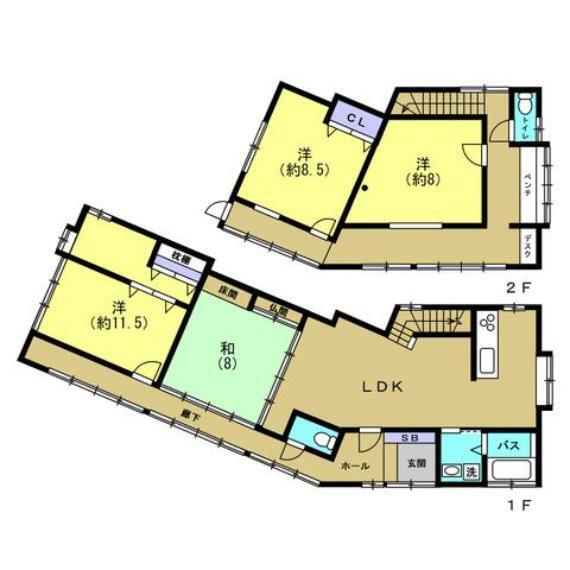 間取り図 【間取図】ウォークインクローゼット・約20帖ゆとりのあるLDK・各階に新品トイレ設置。2階廊下にはベンチとワークスペースを設置しました。アイデアを散りばめたリフォーム住宅です。お部屋数が4部屋ありご家族世帯にオススメです。