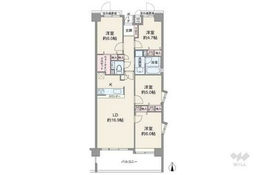 間取り図 間取りは専有面積82.41平米の4LDK。ウォークインクロゼット付き、全居室洋室仕様のプラン。洋室2部屋は出窓付きで開放感あり。浴室に窓が付いているのもポイントです。