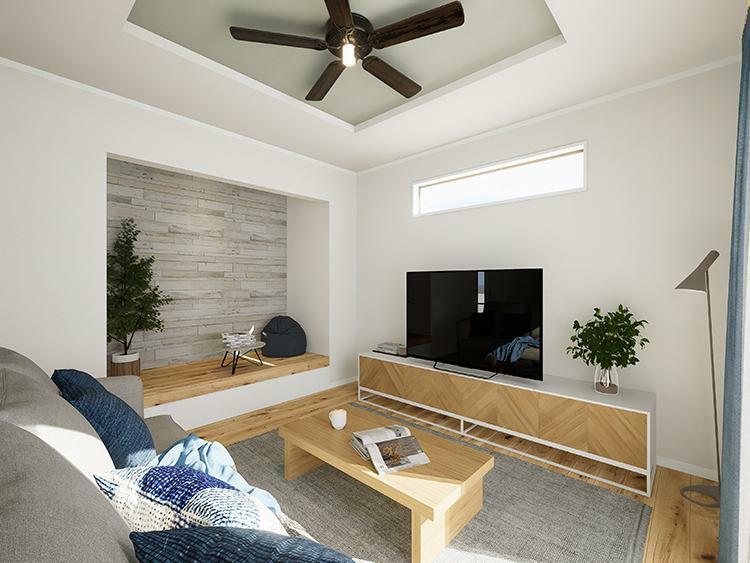 居間・リビング （2号棟 完成予想図）折り上げ天井で開放感あふれる空間、床の小上がりで機能的な区別と快適性を実現。照明と調和するデザインが、洗練された住まいの魅力を引き立てます。