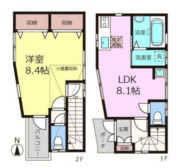 間取り図 ■建物面積:46.78平米の2階建て1LDK＋小屋裏収納付き