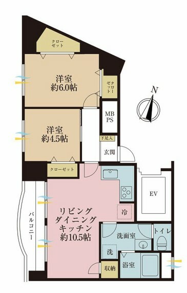 間取り図 2LDK、専有面積52.08平米、バルコニー面積6.15平米