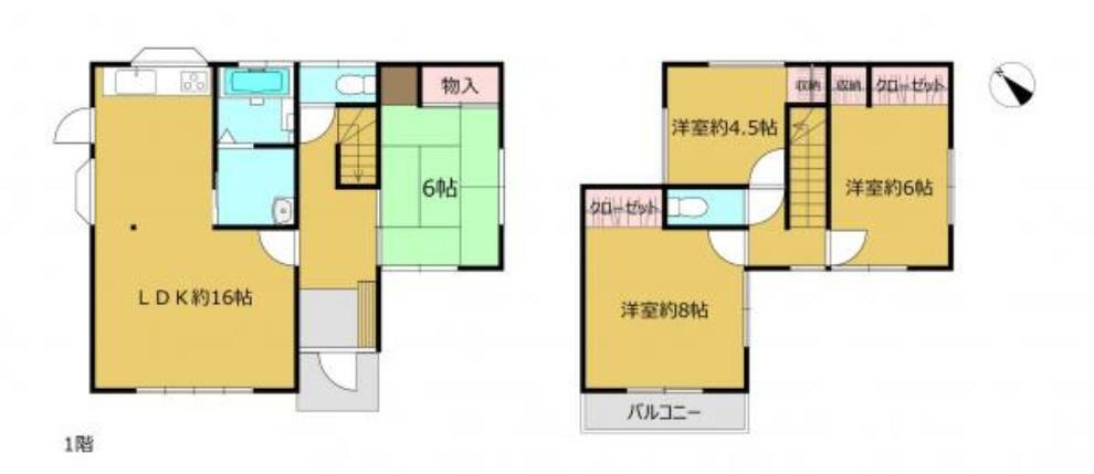 間取り図 【間取図】1階には約15帖の広さを誇るLDKと客間にぴったりな6帖の和室がございます。2階には使い勝手の良い3部屋の洋室に加え、夜間のトイレにも安心な2階トイレの設置もしております。浴室、洗面所はうれしい1坪サイズです。