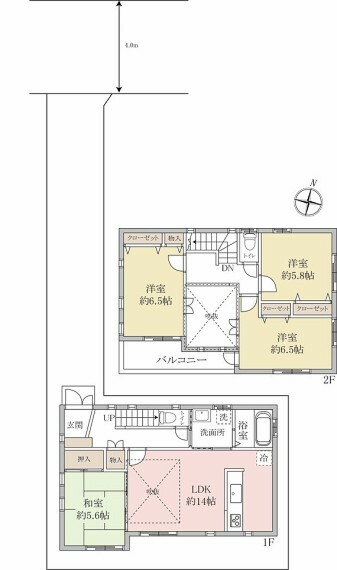 間取り図 【間取図】リビング上部に吹抜！空間が縦に広がり開放感があります！全室5.6帖超・2面採光・収納付きです