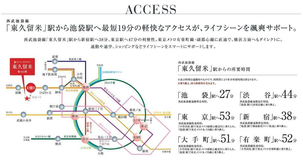 【交通アクセス図】 西武池袋線「東久留米」駅から「池袋」駅まで27分のアクセス！東京メトロ有楽町線・副都心線に直通で、横浜方面へのお出かけもスムーズ。通勤通学、休日の電車でのお出かけ先も幅が広がります。