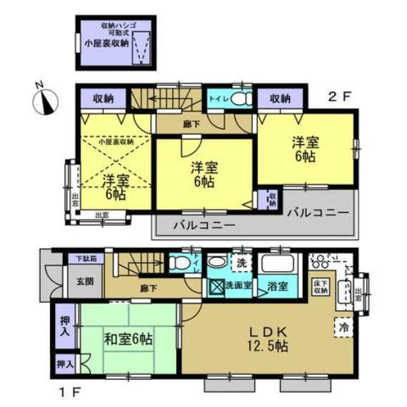 間取り図 【リフォーム済】間取は使い勝手の良い4LDK。広々12.5帖のリビングで家族団欒のひと時を過ごせます。全室南向きで一部屋を除き2面採光なので日当たり・通風良好。明るく暖かい住宅です。駐車場も2台駐車可能です。