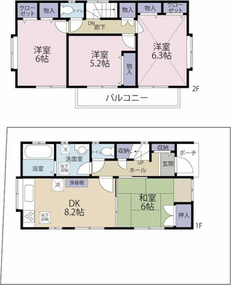 間取り図 1階には和室があり2階は洋室が3部屋、全室収納完備です。
