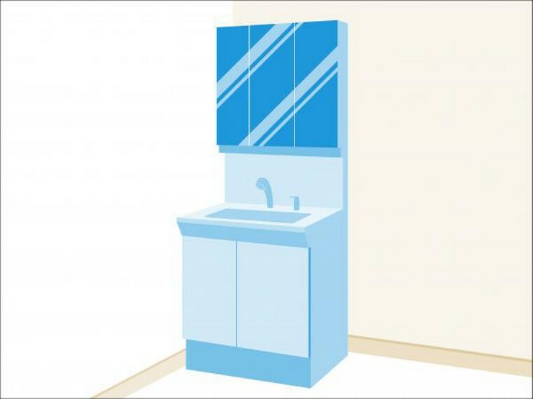 三面鏡付き洗面化粧台　洗面化粧台は、三面鏡付きタイプのものを採用。