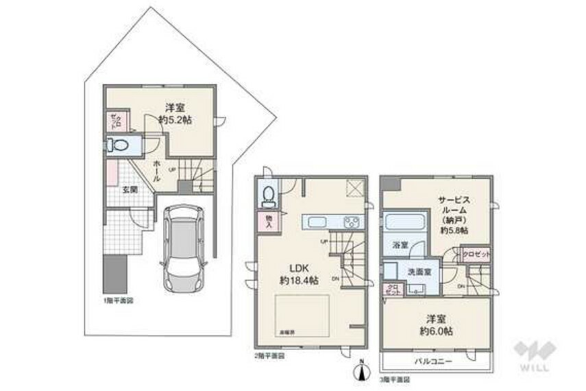 間取り図 間取りは延床面積82.42平米の3LDK。通行人の目線を気にせず過ごしやすい、2階リビングのプラン。洗面室・浴室は3階に配置。居室同士が直接隣接しておらず、個室のプライバシーを確保しやすい造り。