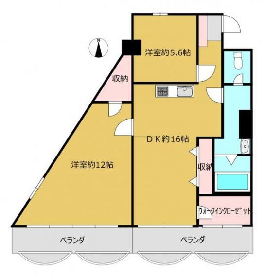 【間取図】お風呂を大きくとる為に2SLDKへと間取変更を行います。LDKは約16帖と広々しており、開放感のある間取となっております。