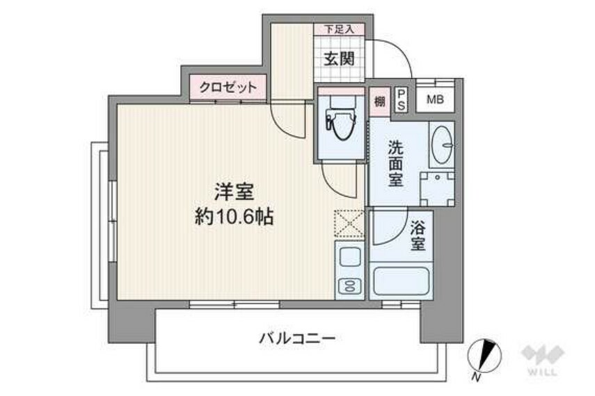 間取り図 間取りは専有面積30.64平米の1R。バルコニー面積は7.63平米です。