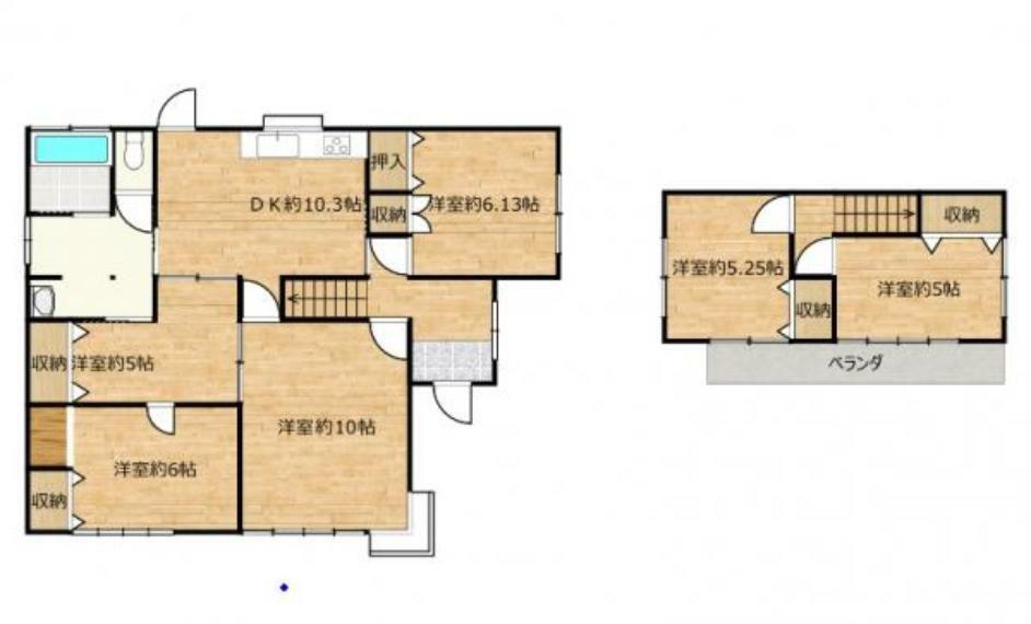 間取り図 間取りは6DKの二階建てです。各部屋に収納があるので、部屋を広く使える間取りになっています。