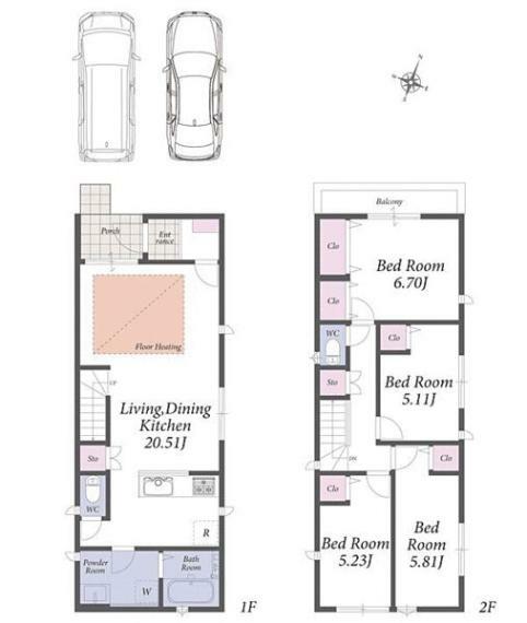 間取り図 4号棟: LDKは対面式キッチン採用のため作業をしながらご家族とコミュニケーションができる空間です食洗機や浴室乾燥機等の暮らしを豊かにする設備が充実全居室収納付きなのでお部屋もスッキリ片付きます
