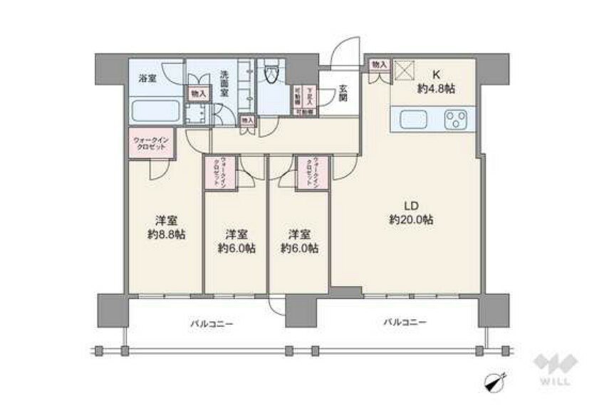 間取り図 間取りは専有面積104.56平米の3LDK。全部屋がバルコニーに面したワイドスパンのプラン。全部屋6帖以上の広さがあり、LDKは約24.8帖大。バルコニー面積は23.11平米です。