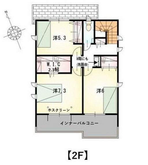 2F平面図です。全居室収納付きで家全体がすっきりと片付きます！ウォークインクローゼットは2.3帖分。バルコニーは一部インナーバルコニー。2階洗面台は標準設備です！