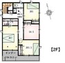 間取り図 2F平面図です。寝室の2帖のウォークインクローゼットなど全居室収納付きの間取りです。2階洗面台は標準設備です。バルコニーは一部インナーバルコニーで雨の日の洗濯物干しも安心！