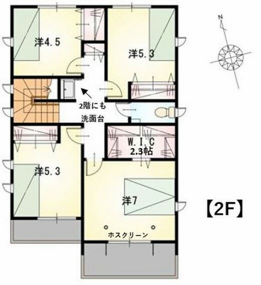 間取り図 2F平面図です。寝室の2.3帖のウォークインクローゼットなど全居室収納付きの間取りです。2階洗面台は標準設備です。