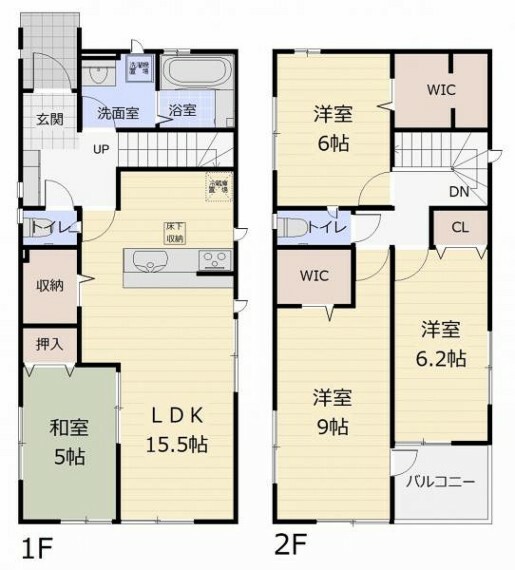 間取り図 （2号棟）2階全居室6帖以上の広さ＋WIC2か所！