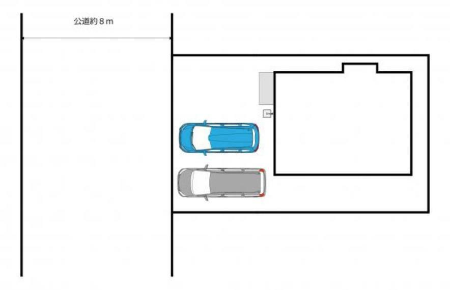 区画図 駐車2台～3台可です。お客様のために玄関前にも1台停められるスペースがあります。