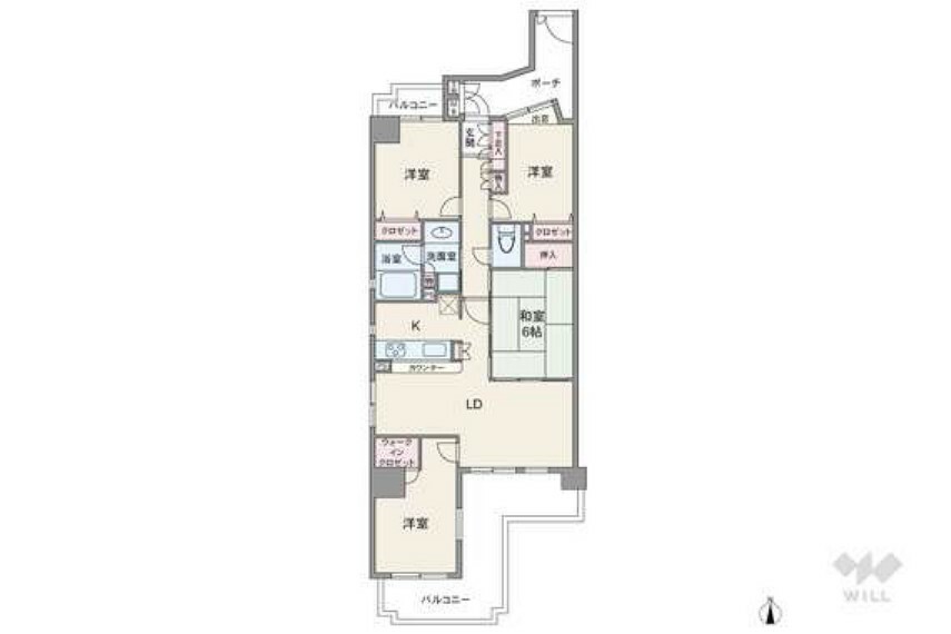 間取り図 間取りは専有面積81.03平米の4LDK。二面バルコニーと玄関前のポーチに住戸全体が囲まれており、独立感のあるプラン。個室4部屋中2部屋は、LDKと隣接しています。